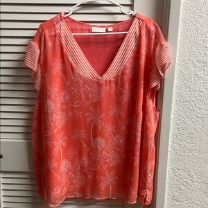 NWOT BELLE By Kim Gravel Coral and White V-Neck Blouse size